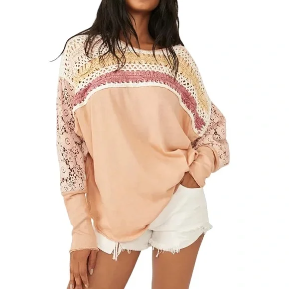 Free People High Hopes Cotton Crocheted-Yoke Lace-Sleeved Top Size Large - Picture 1 of 11